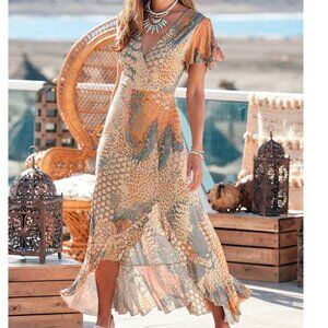 Lascana Maxi Dress US 6 Orange Multicolor Printed Side Slit Ruffle Flounce